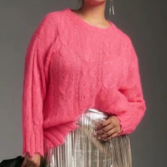 ANTHROPOLOGIE ANTHRO Posey Stitchy Distressed Sweater Neon Pink Oversized WOOL - Picture 4 of 16
